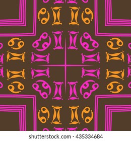 Circular   pattern of zodiac signs, doodles,  object,gemini, cancer,cross,star, stripes. Hand drawn.