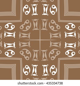 Circular   pattern of zodiac signs, doodles,  object,gemini, cancer,cross,star, stripes. Hand drawn.
