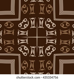 Circular   pattern of zodiac signs, doodles,  object,gemini, cancer,cross,star, stripes. Hand drawn.