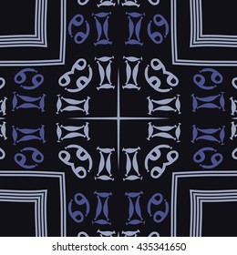 Circular   pattern of zodiac signs, doodles,  object,gemini, cancer,cross,star, stripes. Hand drawn.