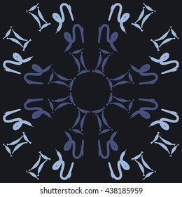 Circular pattern of zodiac signs, doodles,  object,gemini,capricorn. Hand drawn.