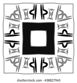 Circular pattern of zodiac signs, doodles,  object, gemini,libra, stripes,quadrangle, hole, copy space. Hand drawn.