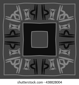 Circular pattern of zodiac signs, doodles,  object, gemini,libra, stripes,quadrangle, hole, copy space. Hand drawn.