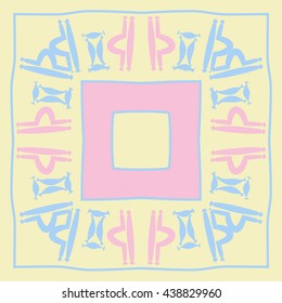 Circular pattern of zodiac signs, doodles,  object, gemini,libra, stripes,quadrangle, hole, copy space. Hand drawn.