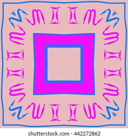 Circular pattern of zodiac signs, doodles,  object, gemini,scorpio, stripes, spot,quadrangle, copy space. Hand drawn.