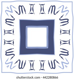 Circular pattern of zodiac signs, doodles,  object, gemini,scorpio, stripes, spot,quadrangle, copy space. Hand drawn.