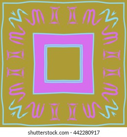 Circular pattern of zodiac signs, doodles,  object, gemini,scorpio, stripes, spot,quadrangle, copy space. Hand drawn.