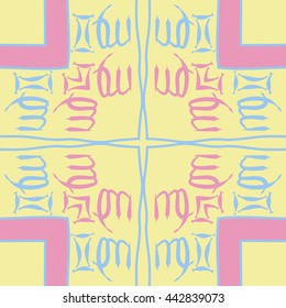 Circular pattern of zodiac signs, doodles,  object, gemini,virgo,stripes,cross, spot, copy space . Hand drawn.