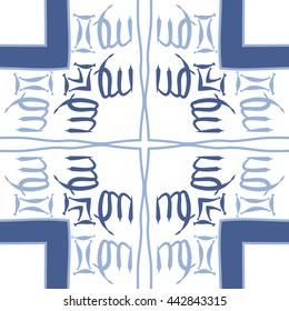 Circular pattern of zodiac signs, doodles,  object, gemini,virgo,stripes,cross, spot, copy space . Hand drawn.