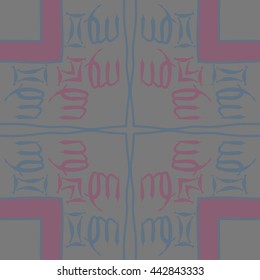 Circular pattern of zodiac signs, doodles,  object, gemini,virgo,stripes,cross, spot, copy space . Hand drawn.