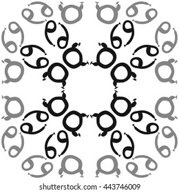 Circular pattern of zodiac signs, doodles,  object, taurus, cancer, copy space. Hand drawn.