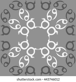 Circular pattern of zodiac signs, doodles,  object, taurus, cancer, copy space. Hand drawn.