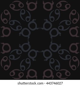 Circular pattern of zodiac signs, doodles,  object, taurus, cancer, copy space. Hand drawn.