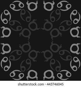 Circular pattern of zodiac signs, doodles,  object, taurus, cancer, copy space. Hand drawn.