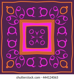 Circular pattern of zodiac signs, doodles,  object, taurus, cancer, stripes, spot,quadrangle, copy space. Hand drawn.