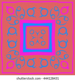 Circular pattern of zodiac signs, doodles,  object, taurus, cancer, stripes, spot,quadrangle, copy space. Hand drawn.