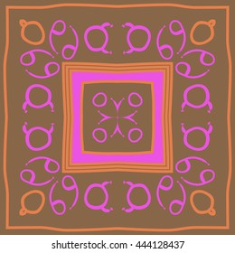 Circular pattern of zodiac signs, doodles,  object, taurus, cancer, stripes, spot,quadrangle, copy space. Hand drawn.