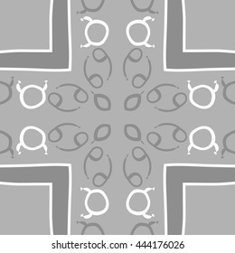 Circular pattern of zodiac signs, doodles,  object, taurus, cancer, stripes, spot,cross, copy space. Hand drawn.