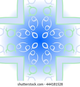 Circular pattern of zodiac signs, doodles,  object, taurus, cancer, stripes, spot,cross, copy space. Hand drawn.