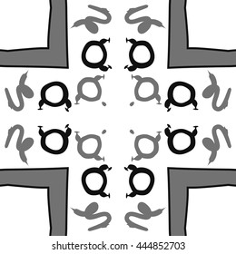 Circular pattern of zodiac signs, doodles,  object, taurus,capricorn, cross, copy space. Hand drawn.