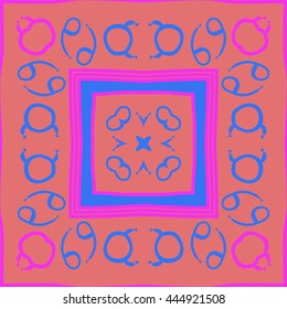 Circular pattern of zodiac signs, doodles,  object, taurus,capricorn, quadrangle, star,spot, stripe, copy space. Hand drawn.