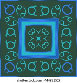 Circular pattern of zodiac signs, doodles,  object, taurus,capricorn, quadrangle, star,spot, stripe, copy space. Hand drawn.