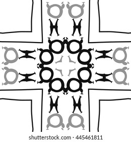 Circular  pattern of zodiac signs, doodles,  object, taurus,pisces,cross, stripe, copy space. Hand drawn.