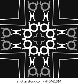 Circular  pattern of zodiac signs, doodles,  object, taurus,pisces,cross, stripe, copy space. Hand drawn.