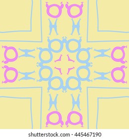 Circular  pattern of zodiac signs, doodles,  object, taurus,pisces,cross, stripe, copy space. Hand drawn.