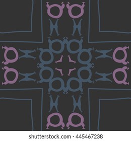 Circular  pattern of zodiac signs, doodles,  object, taurus,pisces,cross, stripe, copy space. Hand drawn.