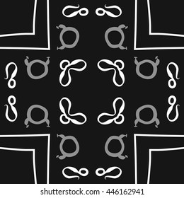 Circular pattern of zodiac signs, doodles,  object, taurus,lions, stripes, cross, copy space. Hand drawn.