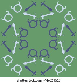 Circular pattern of zodiac signs, doodles,  object, taurus,sagittarius. Hand drawn.