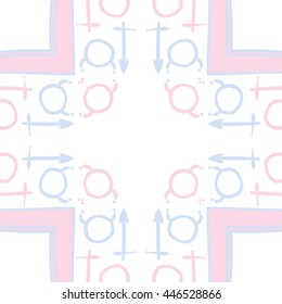 Circular  pattern of zodiac signs, doodles,  object, taurus,sagittarius, stripes,cross, copy space. Hand drawn.