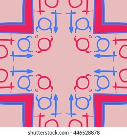 Circular  pattern of zodiac signs, doodles,  object, taurus,sagittarius, stripes,cross, copy space. Hand drawn.