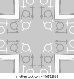 Circular  pattern of zodiac signs, doodles,  object, taurus,sagittarius, stripes,cross, copy space. Hand drawn.