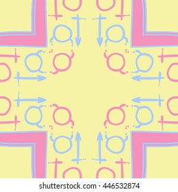 Circular  pattern of zodiac signs, doodles,  object, taurus,sagittarius, stripes,cross, copy space. Hand drawn.