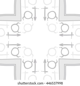 Circular  pattern of zodiac signs, doodles,  object, taurus,sagittarius, stripes,cross, copy space. Hand drawn.