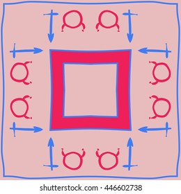 Circular  pattern of zodiac signs, doodles,  object, taurus,sagittarius, stripes,quadrangle, copy space. Hand drawn.