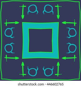 Circular  pattern of zodiac signs, doodles,  object, taurus,sagittarius, stripes,quadrangle, copy space. Hand drawn.