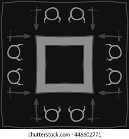 Circular  pattern of zodiac signs, doodles,  object, taurus,sagittarius, stripes,quadrangle, copy space. Hand drawn.