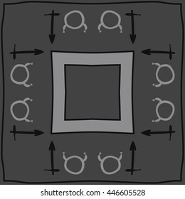 Circular  pattern of zodiac signs, doodles,  object, taurus,sagittarius, stripes,quadrangle, copy space. Hand drawn.