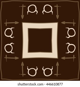 Circular  pattern of zodiac signs, doodles,  object, taurus,sagittarius, stripes,quadrangle, copy space. Hand drawn.