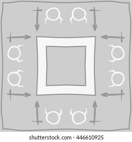 Circular  pattern of zodiac signs, doodles,  object, taurus,sagittarius, stripes,quadrangle, copy space. Hand drawn.