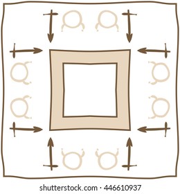 Circular  pattern of zodiac signs, doodles,  object, taurus,sagittarius, stripes,quadrangle, copy space. Hand drawn.