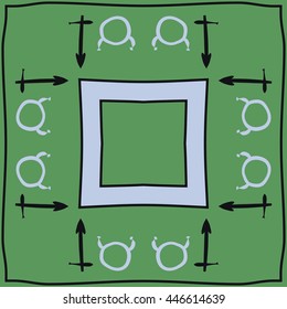 Circular  pattern of zodiac signs, doodles,  object, taurus,sagittarius, stripes,quadrangle, copy space. Hand drawn.