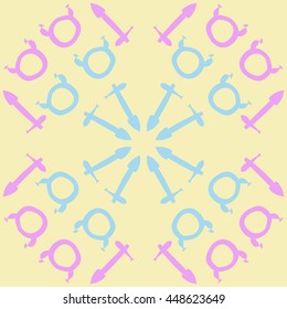 Circular pattern of zodiac signs, doodles,  object, taurus,sagittarius. Hand drawn.