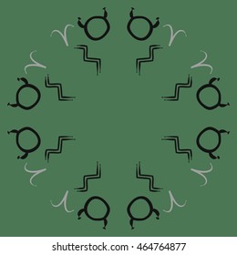 Circular pattern of zodiac signs, doodles,  object, taurus,aries, aquarius, copy space . Hand drawn.
