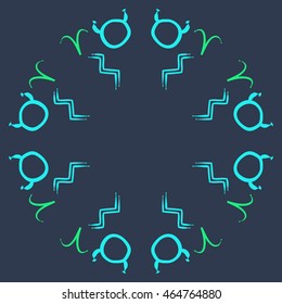 Circular pattern of zodiac signs, doodles,  object, taurus,aries, aquarius, copy space . Hand drawn.