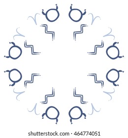 Circular pattern of zodiac signs, doodles,  object, taurus,aries, aquarius, copy space . Hand drawn.