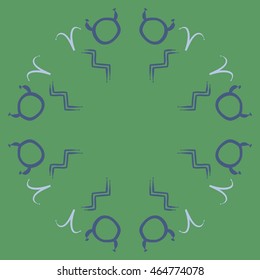 Circular pattern of zodiac signs, doodles,  object, taurus,aries, aquarius, copy space . Hand drawn.